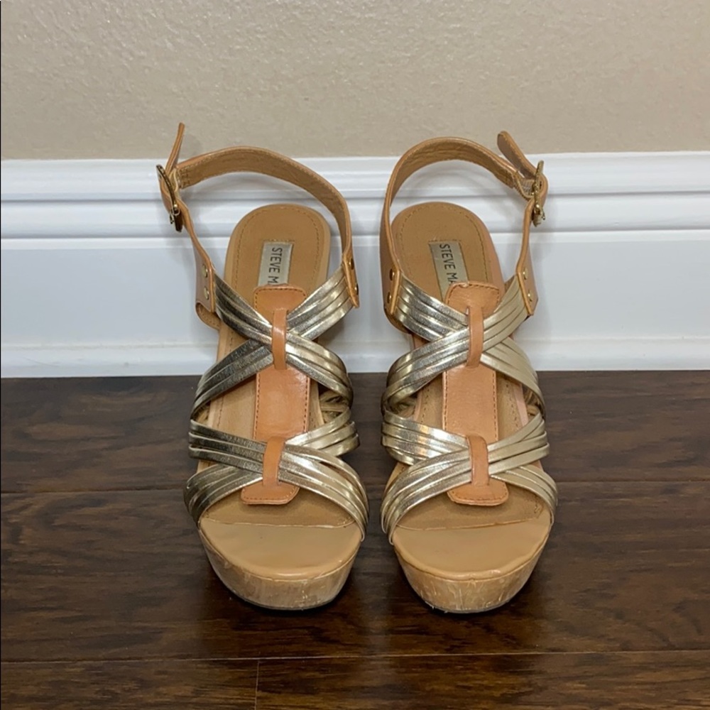 Steve Madden Gold and Tan Wedge Sandals